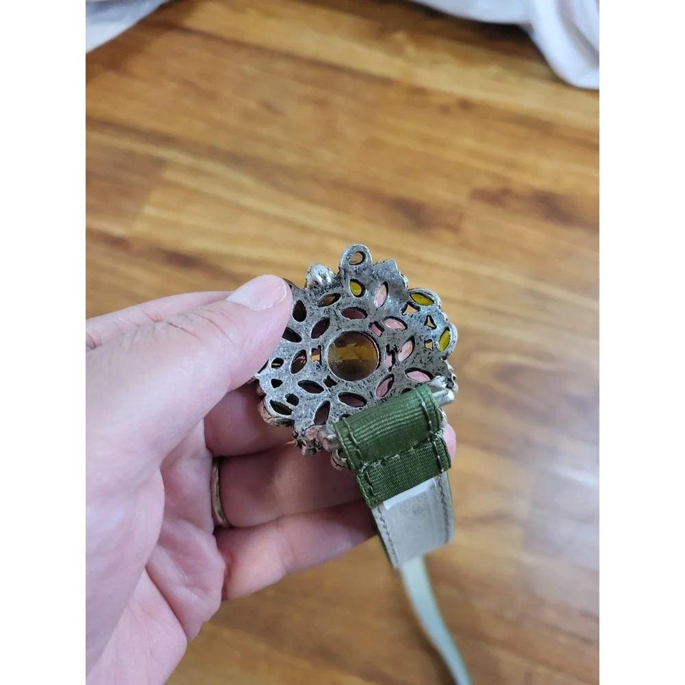 Talbots Size M Green Leather Rhinestone Belt - Picture 3 of 4
